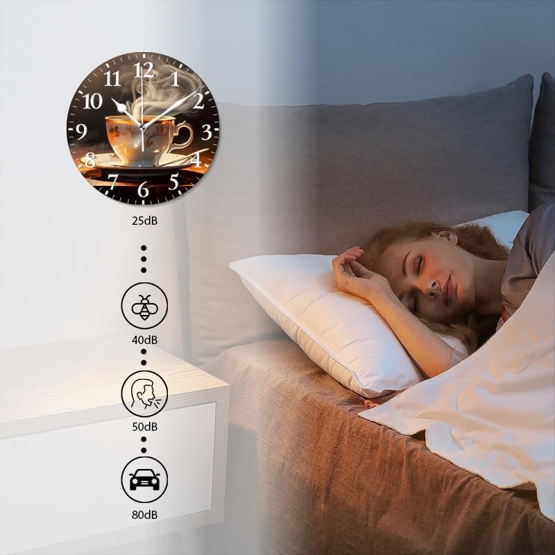 Coffee Wall Clock Non-Ticking Silent Clocks Battery Operated Analog Decor Clock for Home-Steaming Cup of Coffee On The Table(10inch)