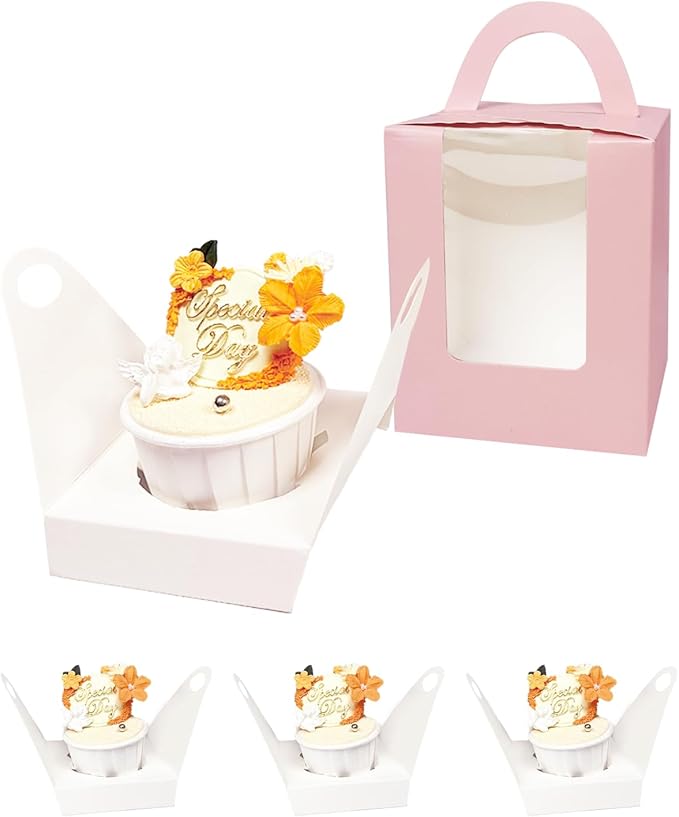 Bakepacker Auto-pop up Individual Cupcake Boxes with Window 60 Count Pink Single Cupcakes Box 3.7 x 3.7 x 4.3inch Cupcake Carrier
