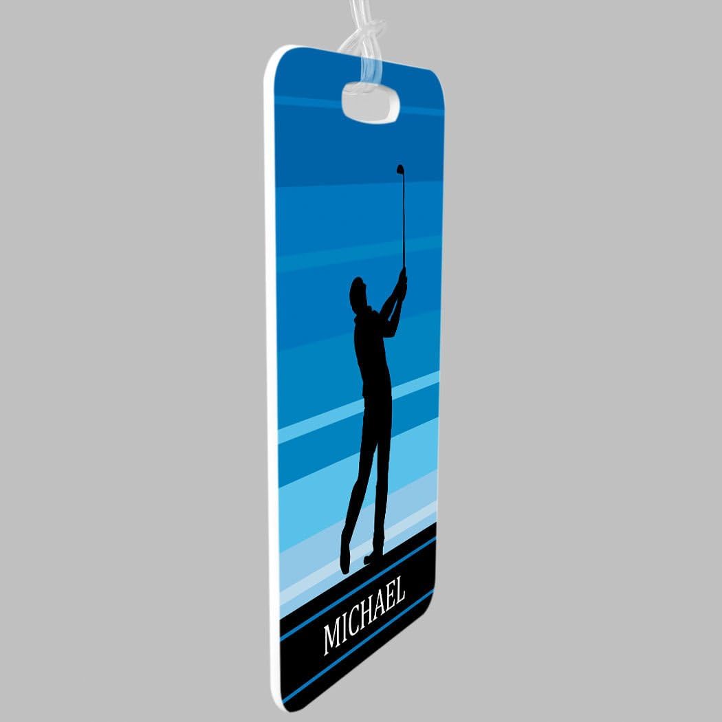 ChalkTalkSPORTS Golf Luggage & Bag Tag | Personalized Male Golfer | Standard Lines on Back | Large | Blue