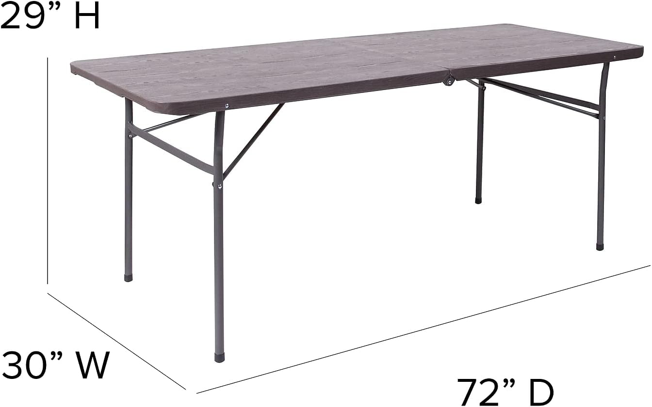 Flash Furniture Elijah 6-Foot Bi-Fold Brown Wood Grain Plastic Folding Table with Carrying Handle