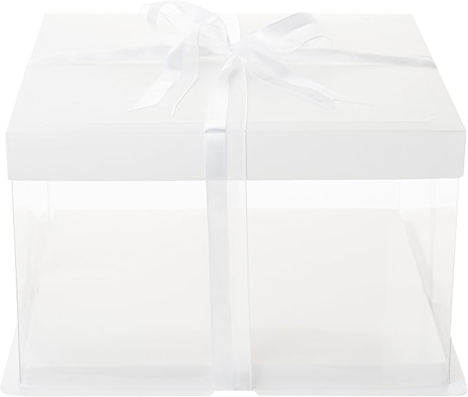 Restaurantware-Sweet Vision 10 Inch x 8.25 Inch Transparent Cake Boxes, 10 Grease Resistant Base Clear Cake Boxes - White Lid, Gray Ribbon, Plastic Birthday Box, For Weddings Or Birthdays