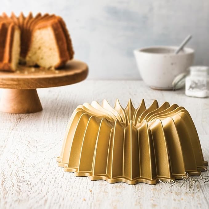 Nordic Ware Brilliance Bundt Pan Gold With Cleaning Tool + Grips Pot Holder and Recipe Card