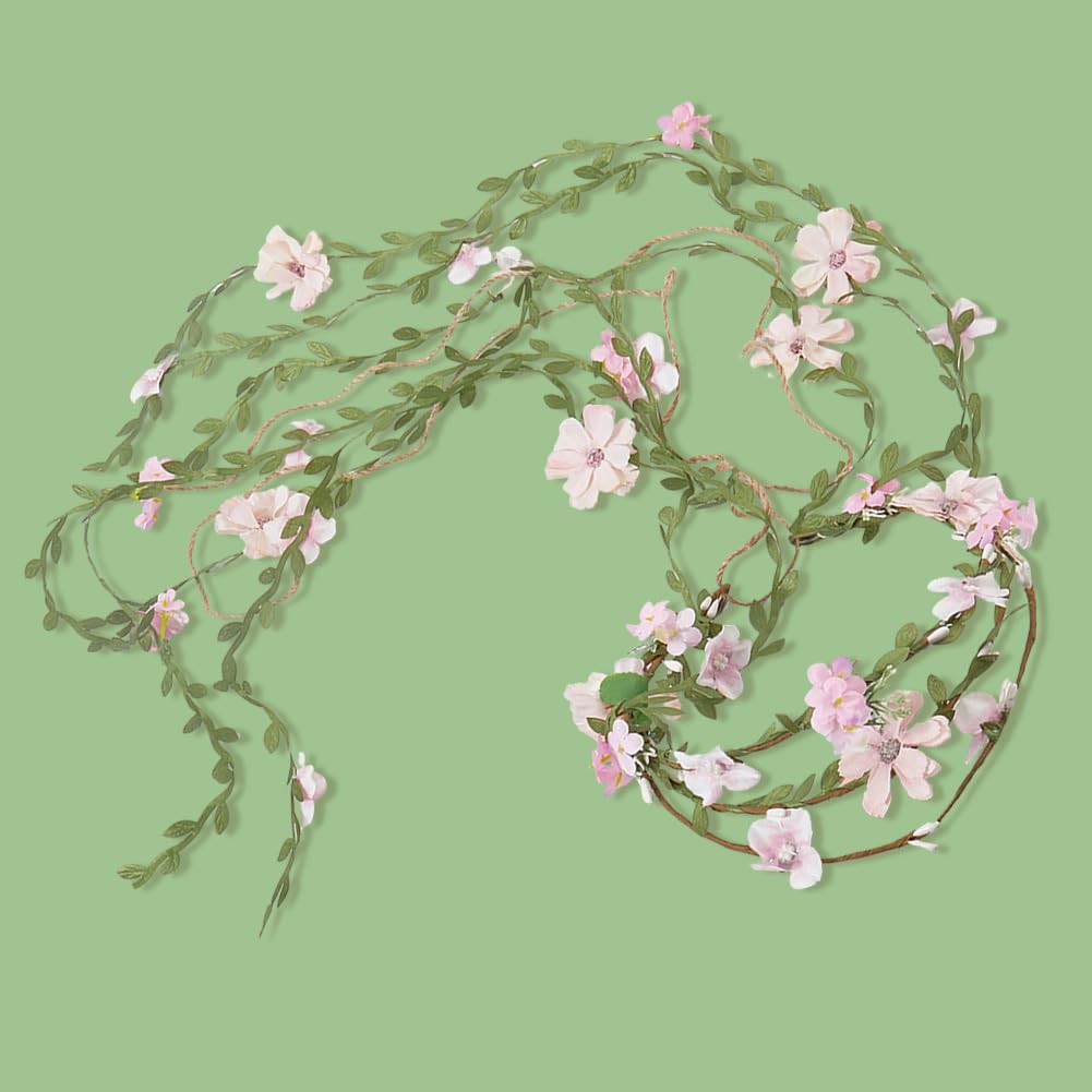 CABODYALS Pearl Pink Flower Crown Headband Boho Floral Wreath With Leaves Vine Ribbon Fairy Hairband Garland Wrapped Crafting Hair Hoop for Women Party Wedding Accessories Vacation Festival Decor