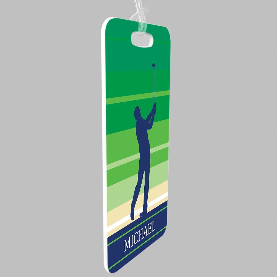 ChalkTalkSPORTS Golf Luggage & Bag Tag | Personalized Male Golfer | Standard Lines on Back | Large | Green