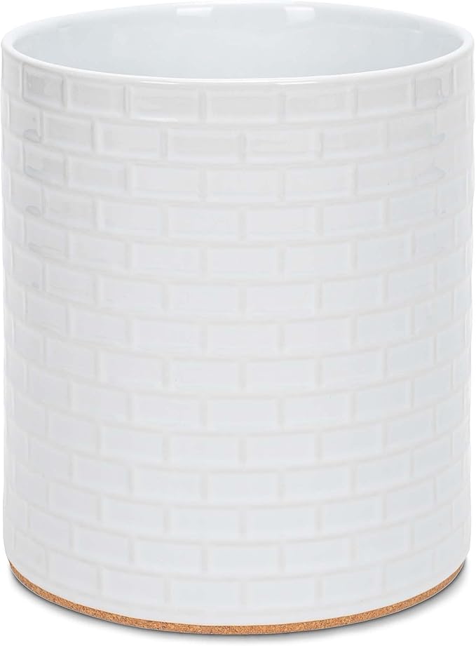 Elanze Designs Embossed Subway Tile Ceramic Stoneware Cork Bottom Kitchen Utensil Holder, White