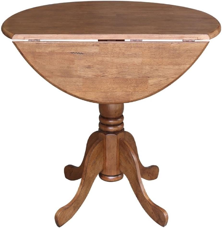 IC International Concepts 42-Inch Round Dual Drop Leaf Pedestal Dining Table, Elegant Space-Saving Furniture for Home and Office - Distressed Oak Finish