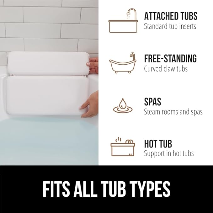 GORILLA GRIP Bath Pillow for Tub, Headrest for Neck and Back Support, Luxury Bathtub Pillows, Hot Tub Cushions, Bathroom Accessories for Women, Relaxing Spa Gifts for Mom Wife Girlfriend 2 Panel White