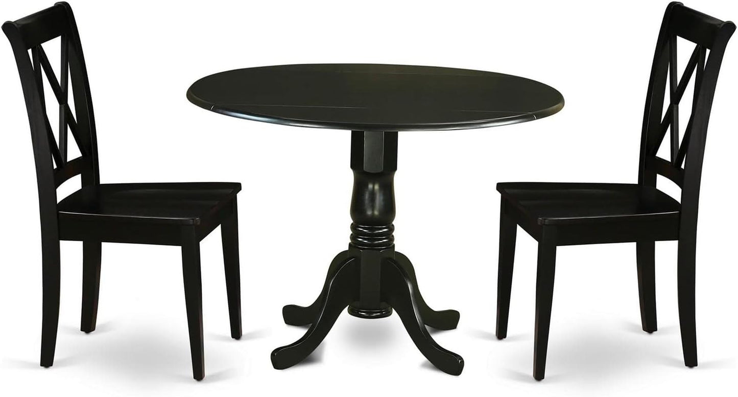 East West Furniture DLCL3-BLK-W 3 Piece Kitchen Table Set for Small Spaces Contains a Round Dining Room Table with Dropleaf and 2 Solid Wood Seat Chairs, 42x42 Inch, Black