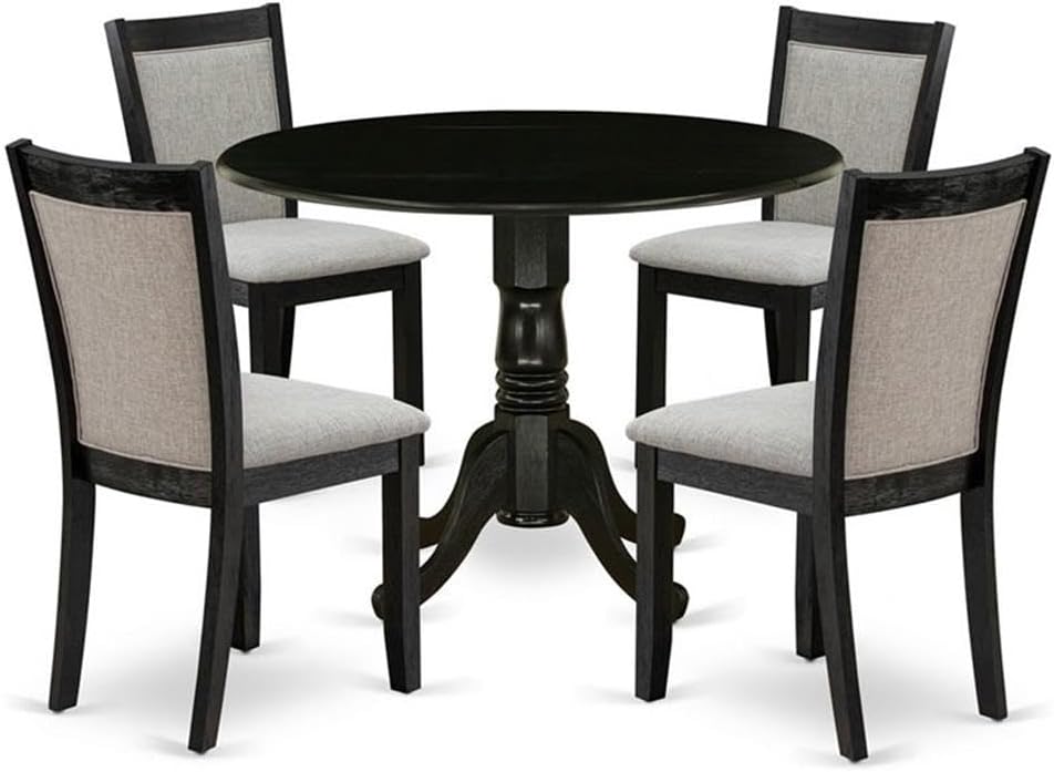 East West Furniture DLMZ5-AB6-06 5 Piece Dinette Set for 4 Includes a Round Dining Room Table with Dropleaf and 4 Shitake Linen Fabric Parsons Dining Chairs, 42x42 Inch, Wirebrushed Black