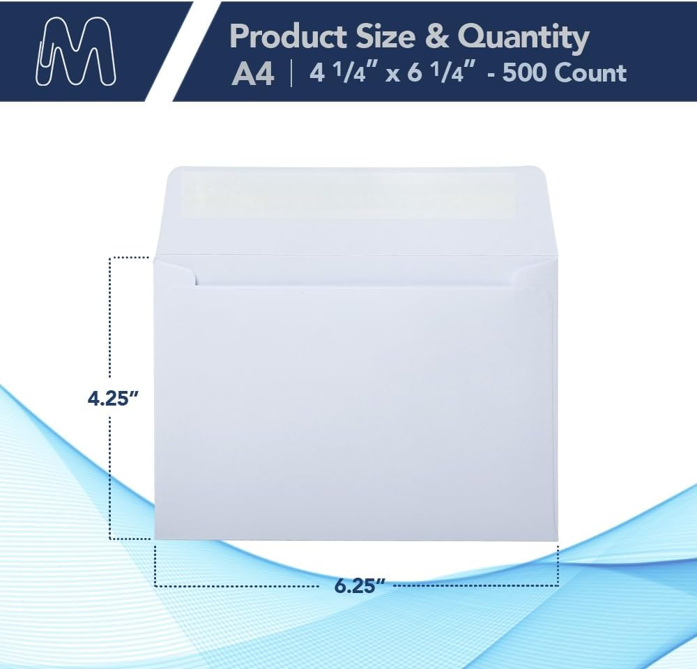 MOS A4 White Envelopes 4.25 x 6.25 Inch 500 Pack — Self-Seal Heavyweight Invitation Envelopes for Greeting Cards, Card Making, RSVP, Wedding Invitations, Business Mailings