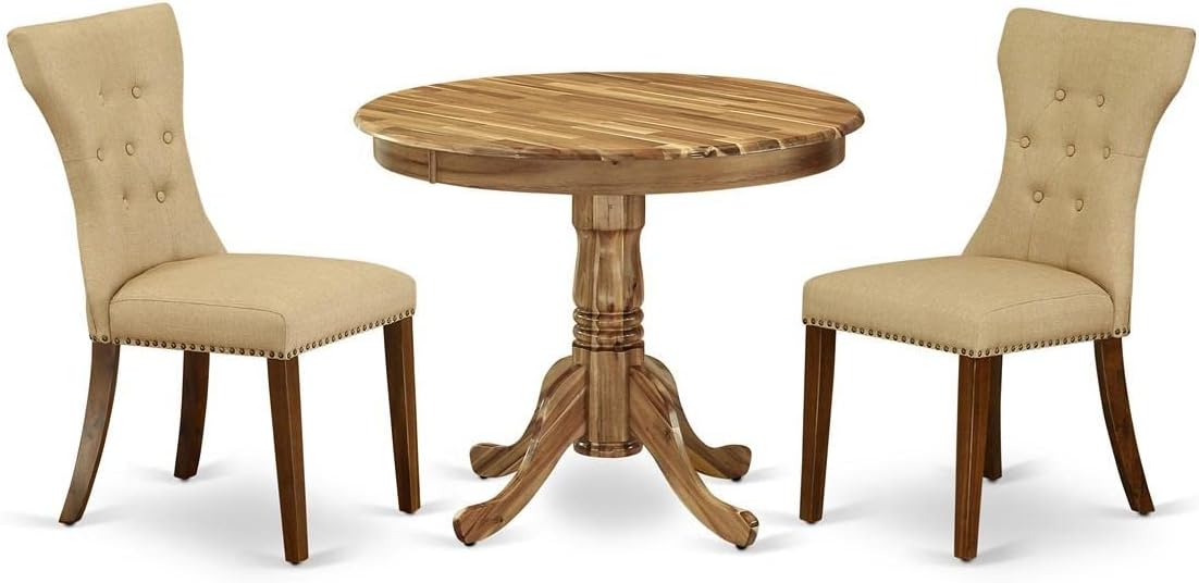 East West Furniture ANGA3-ANA-03 3 Piece Dining Table Set for Small Spaces Contains a Round Kitchen Table with Pedestal and 2 Brown Linen Fabric Parsons Chairs, 36x36 Inch, Natural