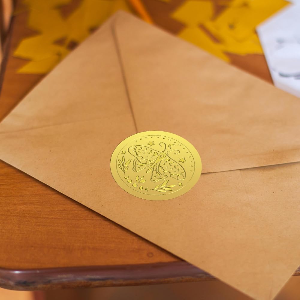Peacoblue Gold Foil Sticker Seal Embossed 2 Inch 100Pcs Bohemia Moth, Self Adhesive Gold Around Embossing Sticker for Invitation Certificate Envelope Seal Gift Card Decoration