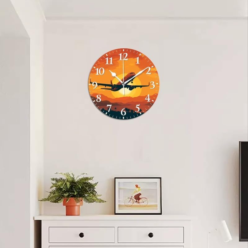 Sunset Wall Clock Non-Ticking Silent Clocks Battery Operated Analog Decor Clock for Home-Illustration of Airplane Flying Over The Sunset(10inch)
