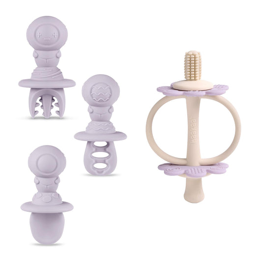 haakaa Silicone Twin Flower Teether&Astronaut Beginner Silicone Cutlery Set-Nipple-Shaped End for Gum Massage,360° Baby Toothbrush Head for Self-Brushing Training-Toddler Spoons Self Feeding 6+Months,