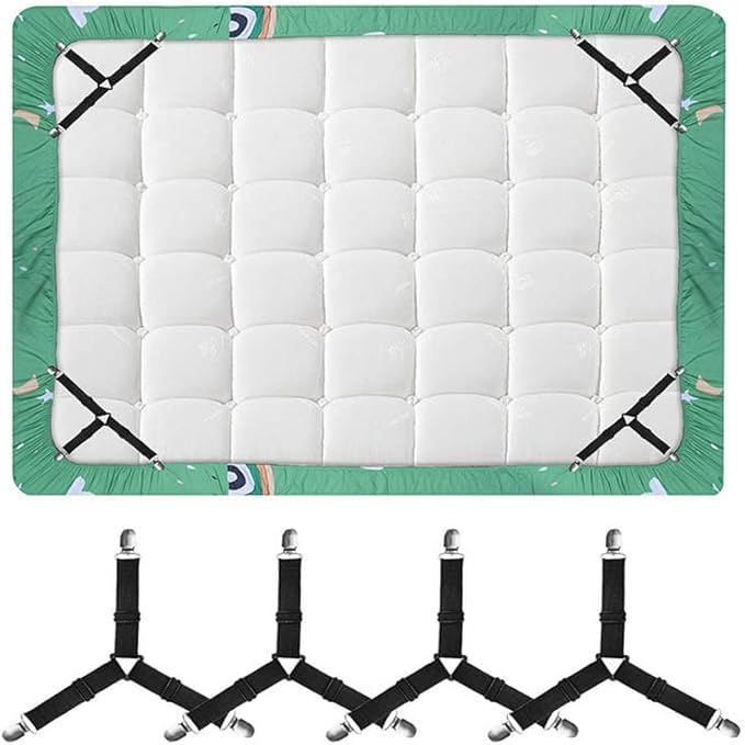 4 Pack Bed Sheet Holder Straps, Fitted Bed Sheet Holders for Corners, Elastic Adjustable Bed Sheet Fastener Triangle Bed Sheet Corner Holders Clips (Black)