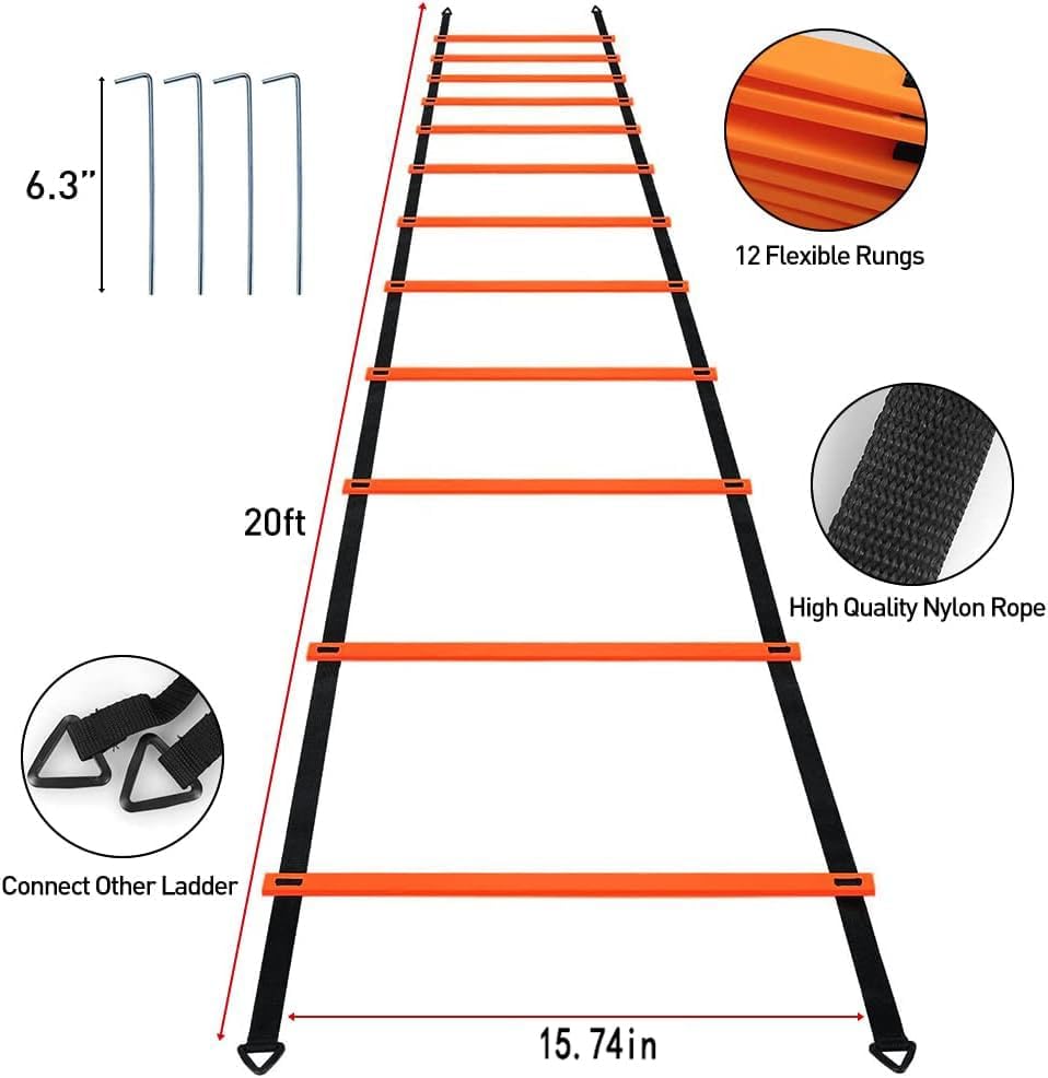 Pro Speed & Agility Training Set—Includes 12 Rung 20ft Adjustable Agility Ladder with Carrying Bag, 12 Disc Cones, 4 Steel Stakes, 1 Resistance Parachute, Use Equipment to Improve Footwork Any Sport