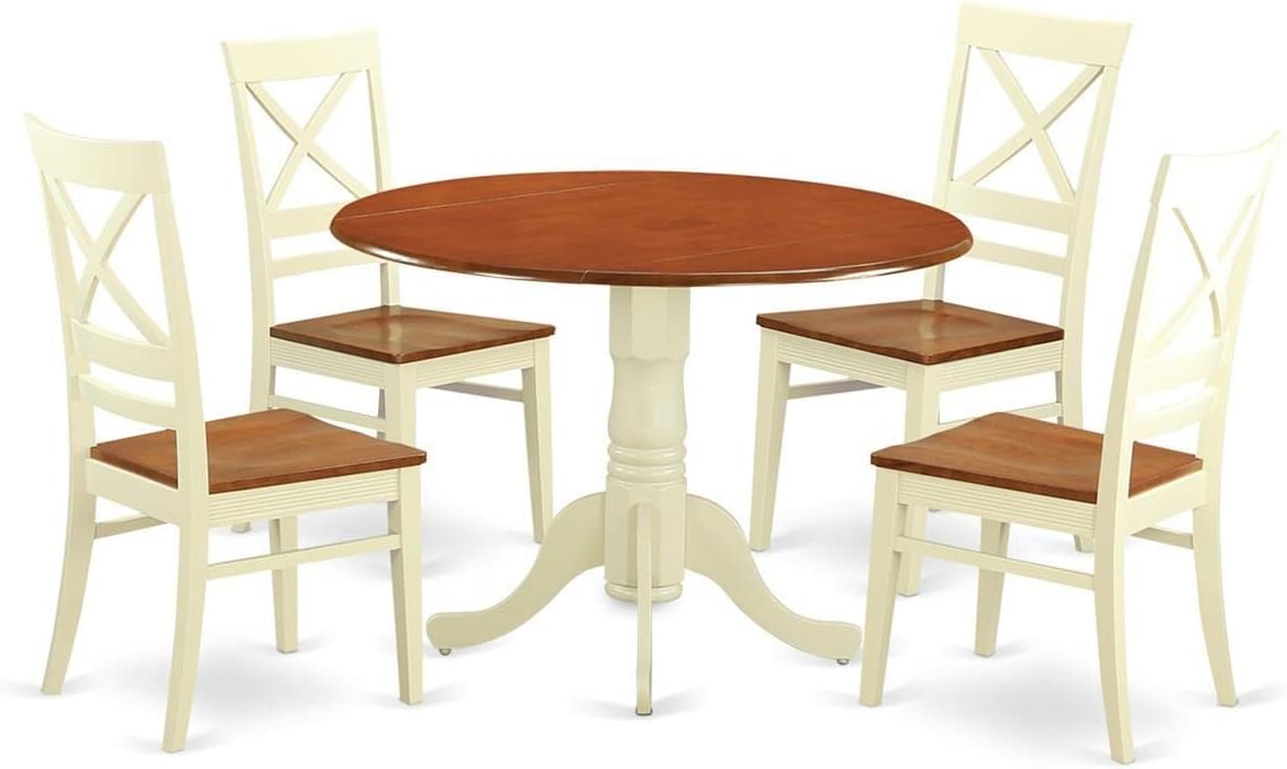 East West Furniture DLQU5-BMK-W 5 Piece Dining Table Set for 4 Includes a Round Kitchen Table with Dropleaf and 4 Dining Room Chairs, 42x42 Inch, Buttermilk & Cherry