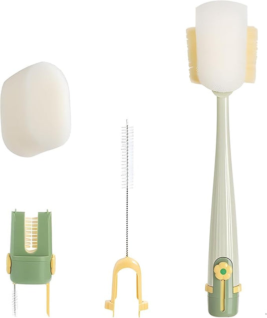 5 in 1 Bottle Cleaning Brush Set, 2025 Multifunctional Lid Brush Cleaning Tool Kitchen, Portable Long Handle Bottles Scrubber for Cup Lids, Hard Bristle Sponge Head Bottle Brushes (Green)