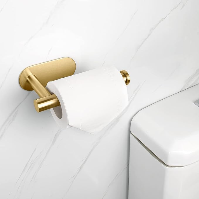 NearMoon Toilet Paper Holder Self Adhesive, Premium Thicken SUS304 Stainless Steel Rustproof Adhesive Toilet Roll Holder no Drilling for Bathroom, Kitchen, Washroom (3 Pack, Brushed Gold)