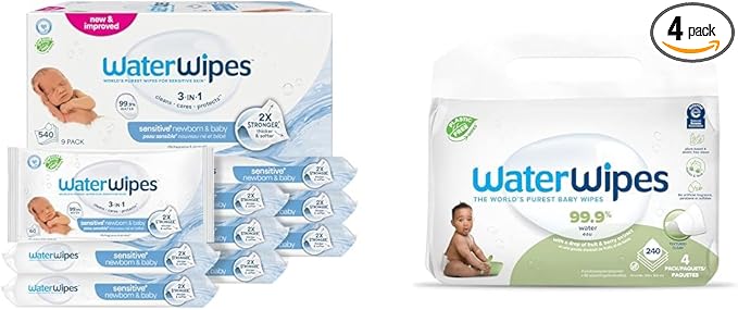 WaterWipes Bundle, Original 540 Count (9 packs) & Textured Clean Wipes 240 Count (4 packs), Plastic-Free, 99.9% Water Based Wipes, Unscented, Hypoallergenic for Sensitive Skin, Packaging May Vary
