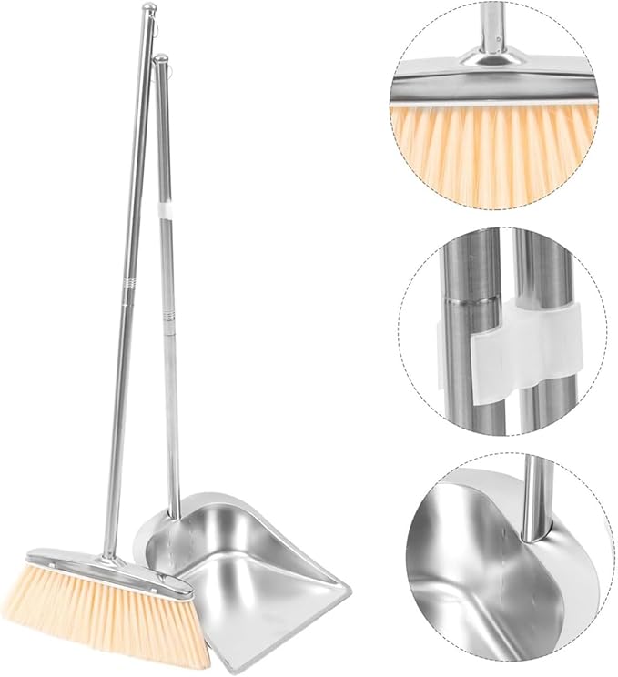 Floor Cleaning Set – Stainless Steel Broom and Long Handle Dustpan, Upright Sweeping Tool, Durable Cleaning Kit | Home, Apartment, Living Room, Bedroom, Office, Garage, Bathroom, Patio, Restaurant