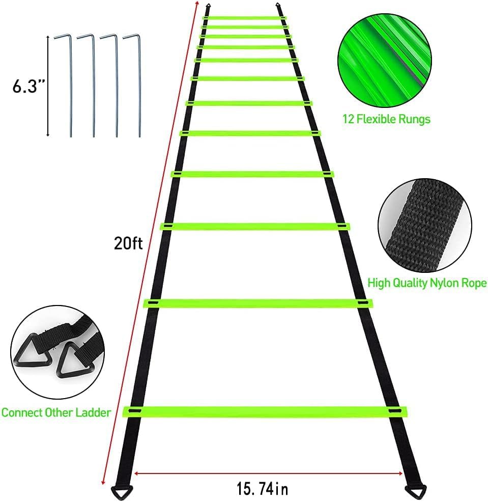 Pro Speed & Agility Training Set—Includes 12 Rung 20ft Adjustable Agility Ladder with Carrying Bag, 12 Disc Cones, 4 Steel Stakes, 1 Resistance Parachute, Use Equipment to Improve Footwork Any Sport