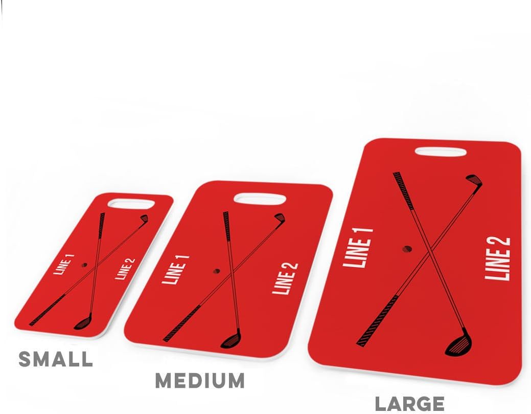 ChalkTalkSPORTS Golf Luggage & Bag Tag | Personalized Crossed Golf Clubs | Standard Lines on Back | Small | Red/Black