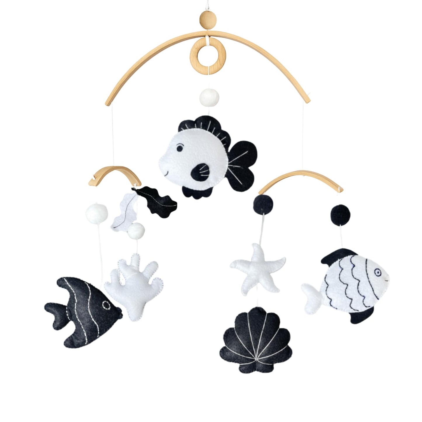 High-Contrast Black & White Decor for Newborn Baby Nursery Room – Fish Crib Mobile, Handmade for Boy & Girl, Safe Natural Wood & Fabric, Plastic-Free, Baby Shower Gift Ready