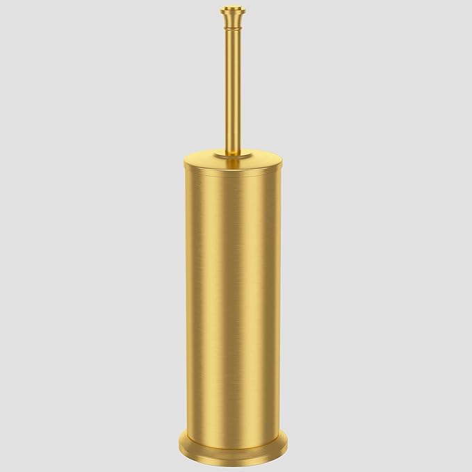 Brass Toilet Brush and Holder，Long Handled Gold Toilet Brush for Bathroom，Stainless Steel Heavy Duty Toilet Bowl Brush,Removable Inner Bowl,Deep Cleaning Dense Bristles Cleaner Brush -Space Saving