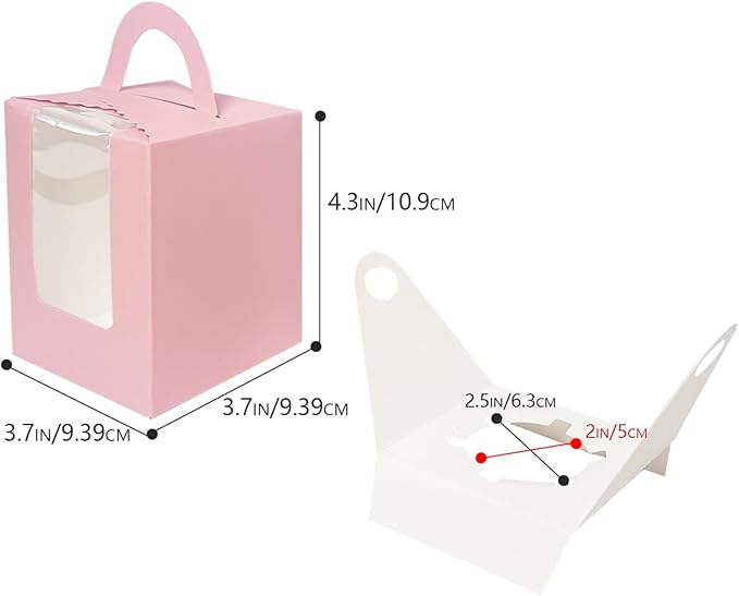 Bakepacker Auto-pop up Individual Cupcake Boxes with Window 25 Count Pink Single Cupcakes Box 3.7 x 3.7 x 4.3inch Cupcake Carrier