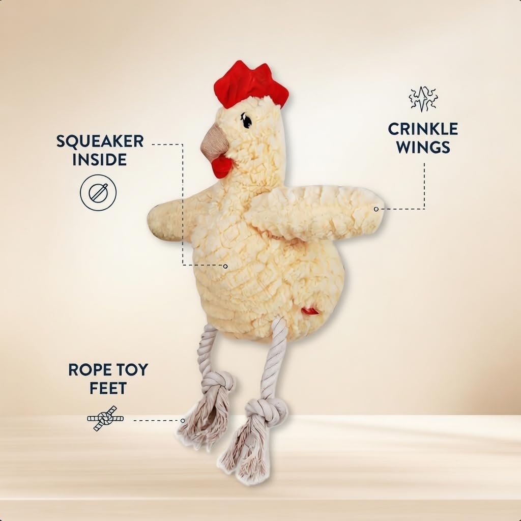 Paw-FECT Piece Soft Plush Chicken Dog Toy, with Sqeaking Sound, Durable Rope Feet, and Crinkle Wings, Emotional Support Companion Chew Toy, Great for All Breeds of Dogs