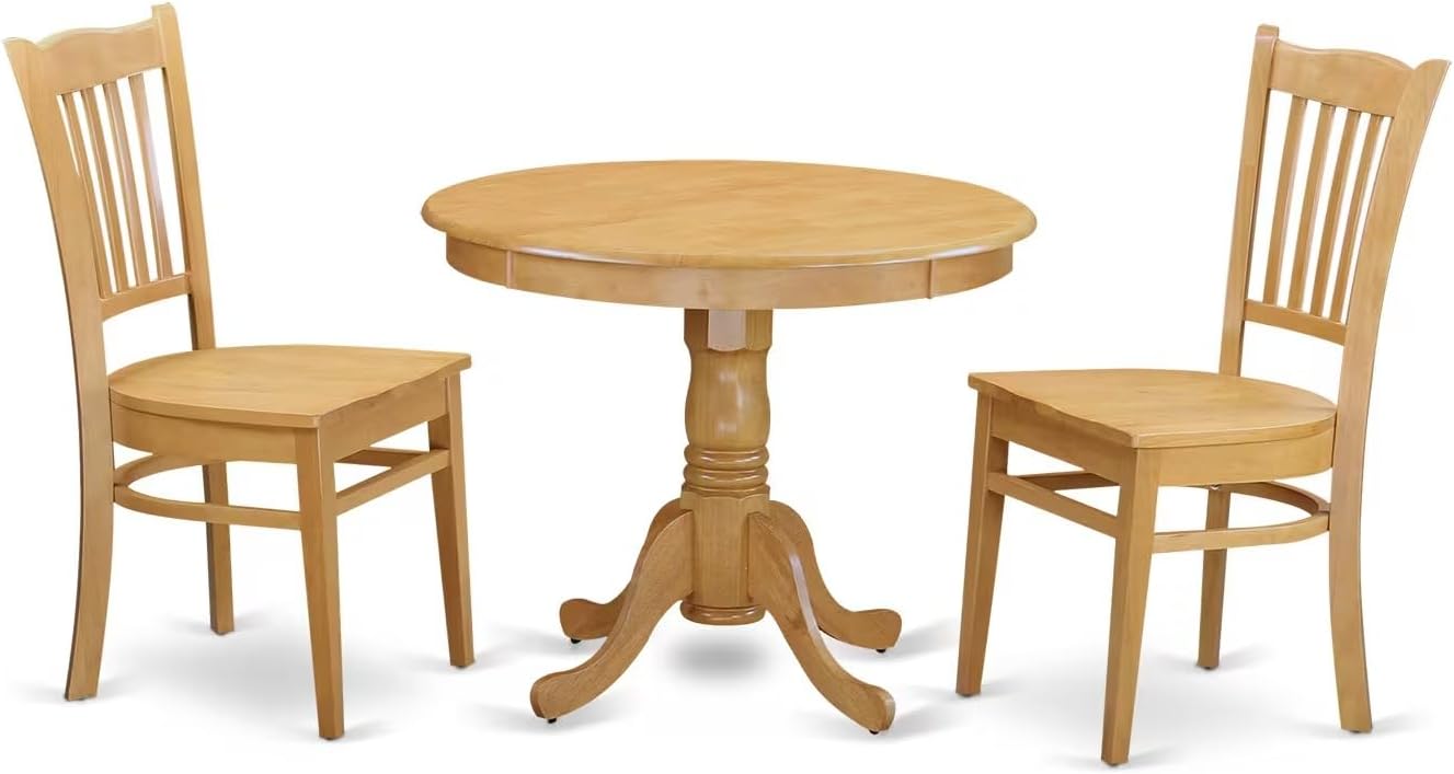 East West Furniture ANGR3-OAK-W 3 Piece Kitchen Table & Chairs Set Contains a Round Dining Room Table with Pedestal and 2 Dining Chairs, 36x36 Inch, Oak