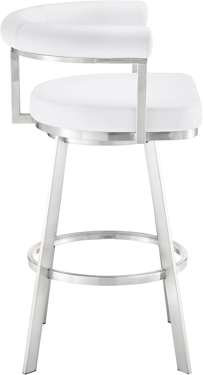 Armen Living Magnolia Swivel Counter Stool in Brushed Stainless Steel with White Faux Leather