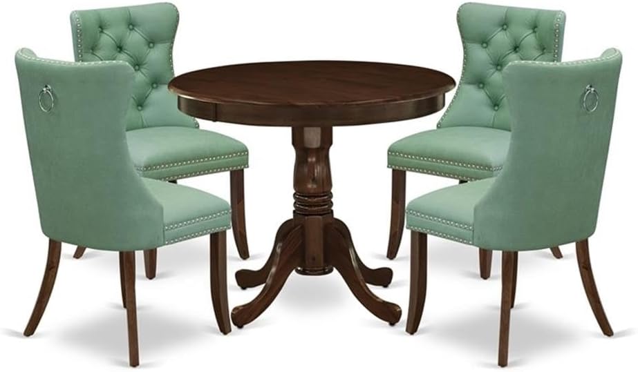 East West Furniture ANDA5-AWA-22 5 Piece Kitchen Table Set Includes a Round Dining Table with Pedestal and 4 Polyester Fabric Upholstered Parson Chairs, 36x36 Inch, Antique Walnut