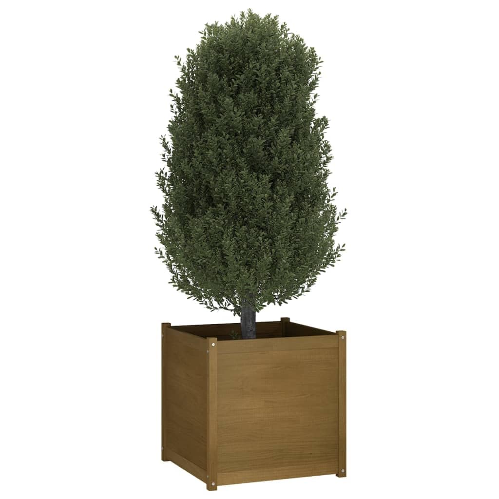 LKJVFCPW Large Outdoor Garden Planter, 27.6-inch Square Wooden Flower Pot for Patio, Backyard, and Terrace, Rustic Honey Brown Solid Pinewood Planting Box with Drainage