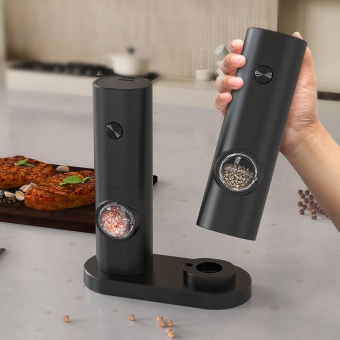 Generic Electric Salt and Pepper Grinder Set - Automatic Salt Pepper Mill Grinder with Adjustable Coarseness- Rechargeable Spice Shakers for Kitchen (Set of 2), Standard Size, Black, KYMQ-14