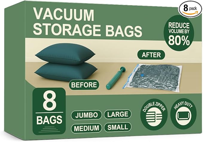 Vacuum Storage Bags for Travel and Home,Space Saver Bags for Clothes,(with Hand Pump, Large, 8-Pack 50 * 70)
