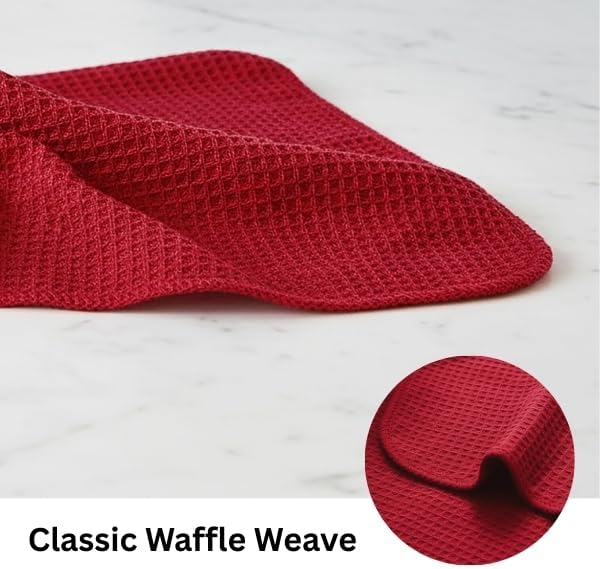 PurpleEssences Dish Cloths and Dish Rags - 8 Pack Waffle Weave Solid Kitchen Dish Wash Cloths, 100% Cotton, 12 x 12 Inches, Ultra Soft Absorbent Quick Drying - Christmas Holiday Winter - Red