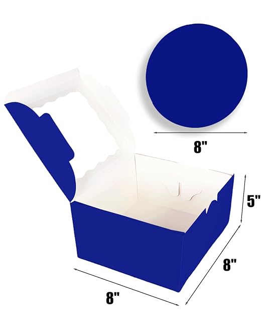 qiqee 8x8x5 Cake Box, 18 Sets Gemstone Blue Cake Box with Window ＆ 18 Sets 8" Gemstone Blue Cake Round Boards, 8inch Cake Containers