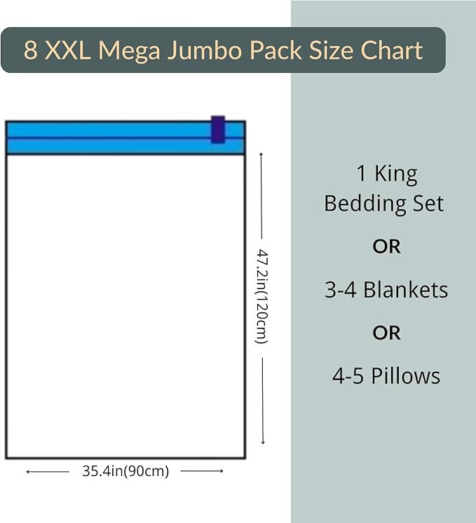 8 Mega Jumbo XXL Vacuum Storage Bags with Pump, Supersized Compression Space Saver for Comforter, duvet, Bedding, Blanket storage, Vacuum Seal Bags for Clothing, Durable Safe Poly Material