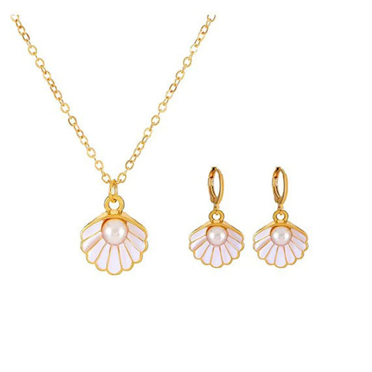 Seashell Pearl Pendant Necklace Gold Plated Boho Enamel Pink Blue Scallop Sea Shell Starfish Ocean Animal Chain Necklace for Women Hawaiian Summer Beach Holiday Fashion Jewelry Gifts (White jewelry set)