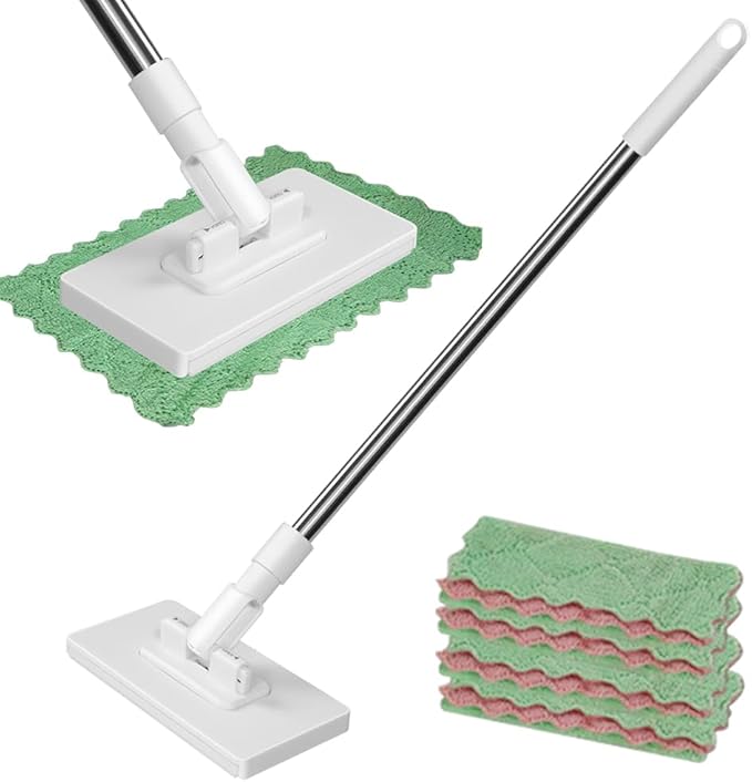 Disposable Dust Mop with 4 Reusable Cloths, mopa desechable para el polvo con 4 PañOs Reutilizables, 39in Long Handle Retractable Gap Dust Cleaner with Locking Head for Multi Surface Clean, Wet & Dry