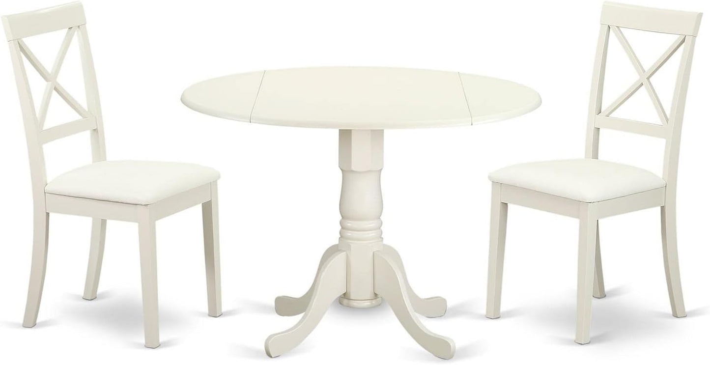 East West Furniture DLBO3-LWH-LC 3 Piece Modern Dining Table Set Contains a Round Wooden Table with Dropleaf and 2 Faux Leather Kitchen Dining Chairs, 42x42 Inch, Linen White