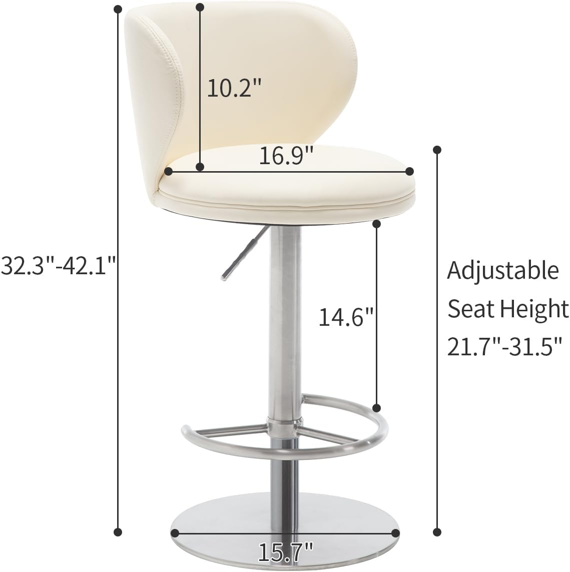 Stainless Steel Bar Stools,Grade Modern Leather Bar Chair with Backrest,Swivel Adjustable Height for Kitchen Counter and Dining Room (White Leather-1pc)