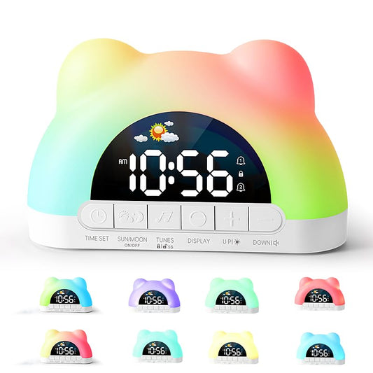 Outetrails Kids Alarm Clock, Alarm Clock for Kids, Sleep Training Clock for Toddlers with 12 Colors Night Light for Bedroom, Sound Machine, Suit for Boys Girls