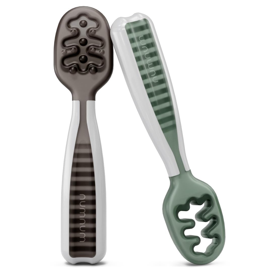 NumNum Baby Spoons Set, Baby Essentials Pre-Spoon GOOtensils for 6+ Months, First Stage Self-Feeding Spoons for Baby Led Weaning (BLW), Silicone Toddler Utensils, BPA-Free, 2 Pack Gray/Green