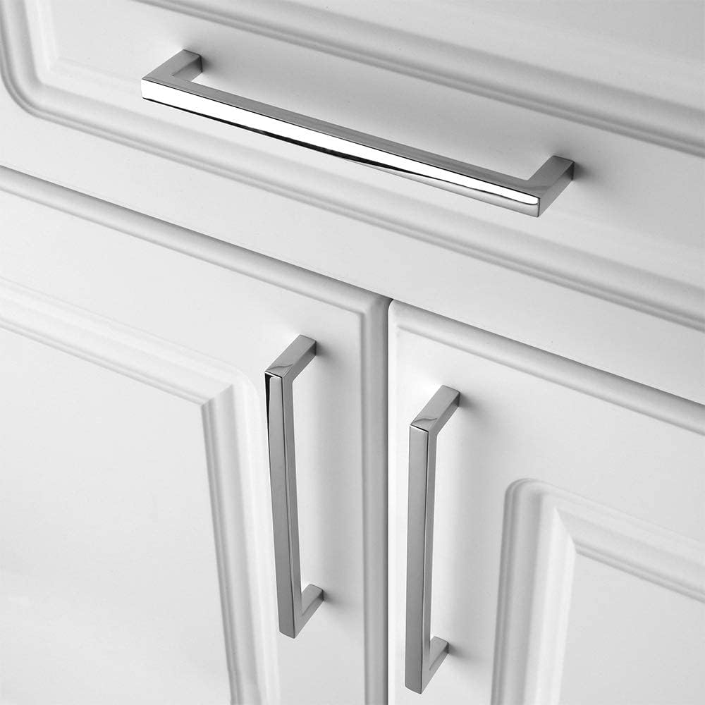 KOOFIZO Solid Square Bar Cabinet Handle - Chrome Furniture Pull, 6.3 Inch/160mm Screwhole Distance, 10-Pack for Kitchen Cupboard Door, Bedroom Dresser Drawer, Bathroom Wardrobe Hardware