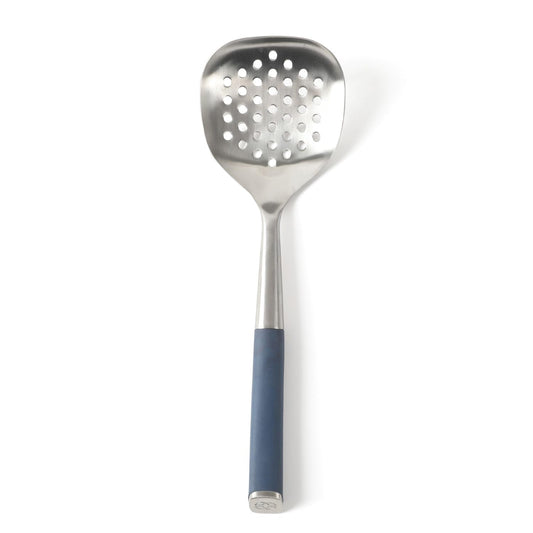 Calphalon Edge Stainless Steel Slotted Spoon/Skimmer with Navy Blue Handle, Slotted Cooking Tool for Draining and Skimming, Heat-Resistant, Durable Kitchen Utensil for Everyday Use