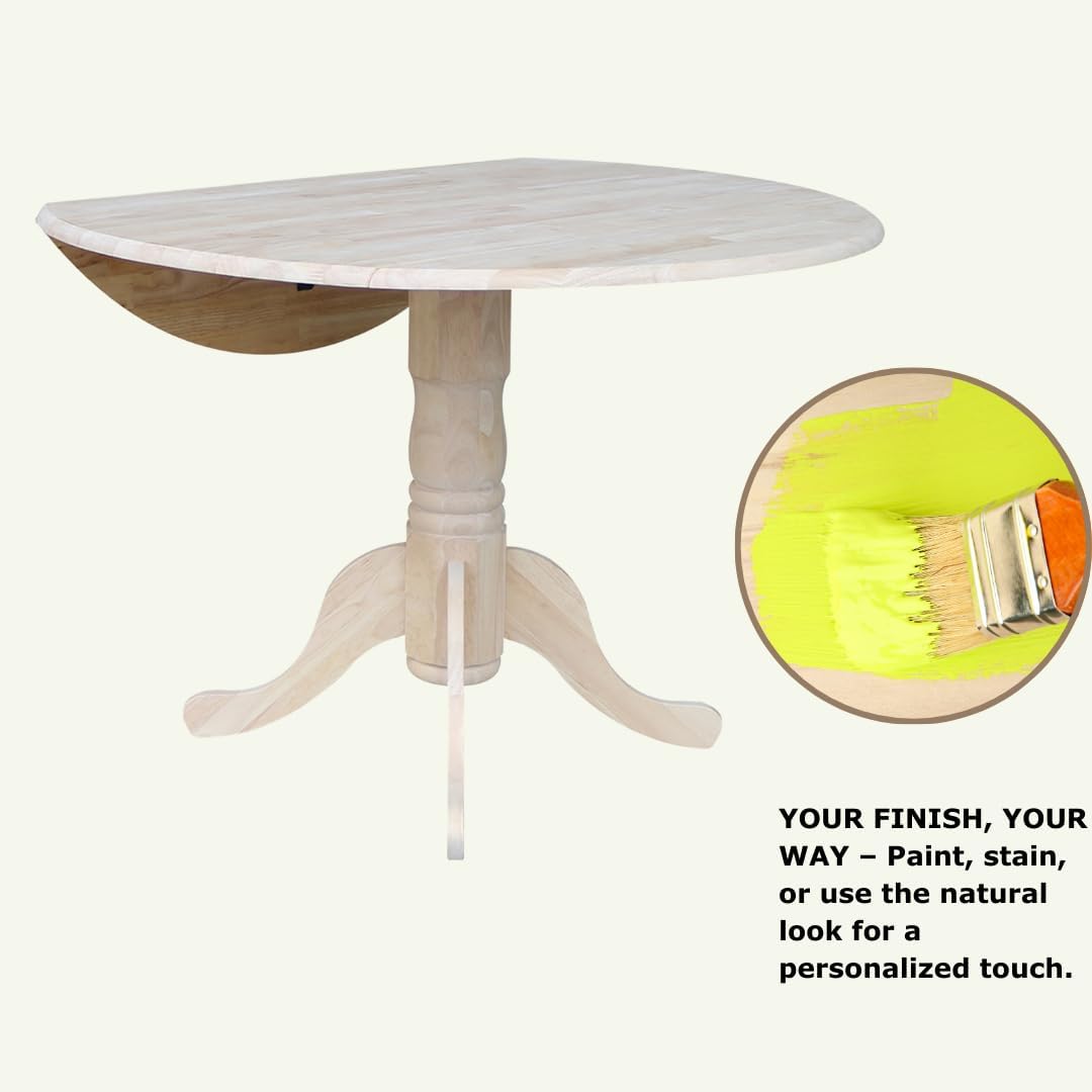 IC International Concepts, Round Dual Drop Leaf Pedestal Dining Table, Solid Real Wood, Sturdy Parawood, Dimensions 42"D x 42"W x 29.5"H, 40lbs Capacity, Paint/Stain Ready, Unfinished
