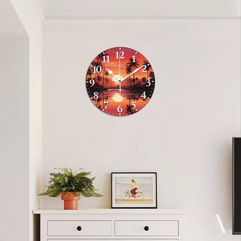 Sunset Wall Clock Non-Ticking Silent Clocks Battery Operated Analog Decor Clock for Home-Sunset with Palm Trees and Reflections On The Water(16inch)